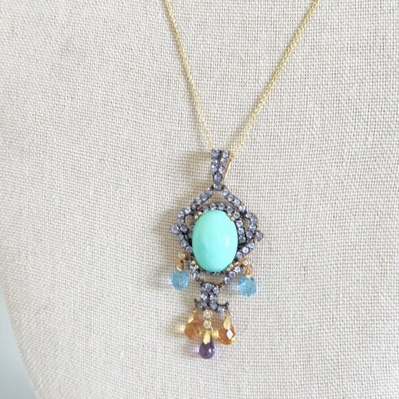 14k Yellow Gold Turquoise Multi Gemstone Chandelier Pendant Chain Necklace 18" - Picture 4 of 16